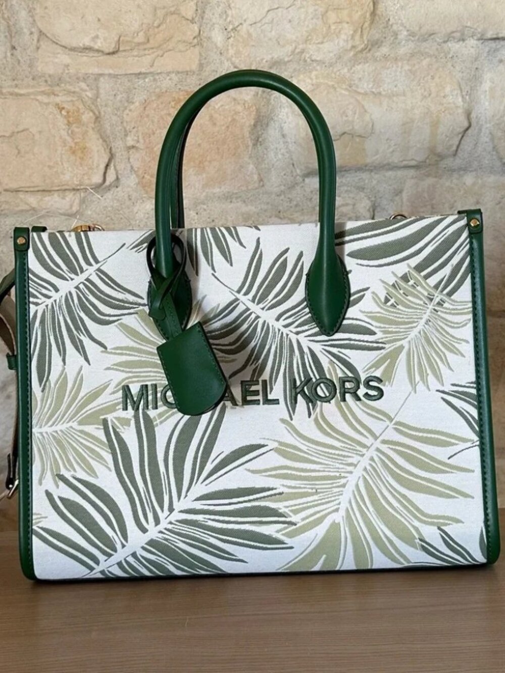 Michael Kors Mirella Medium Palm Tree Leaf Tote Bag Green Cream